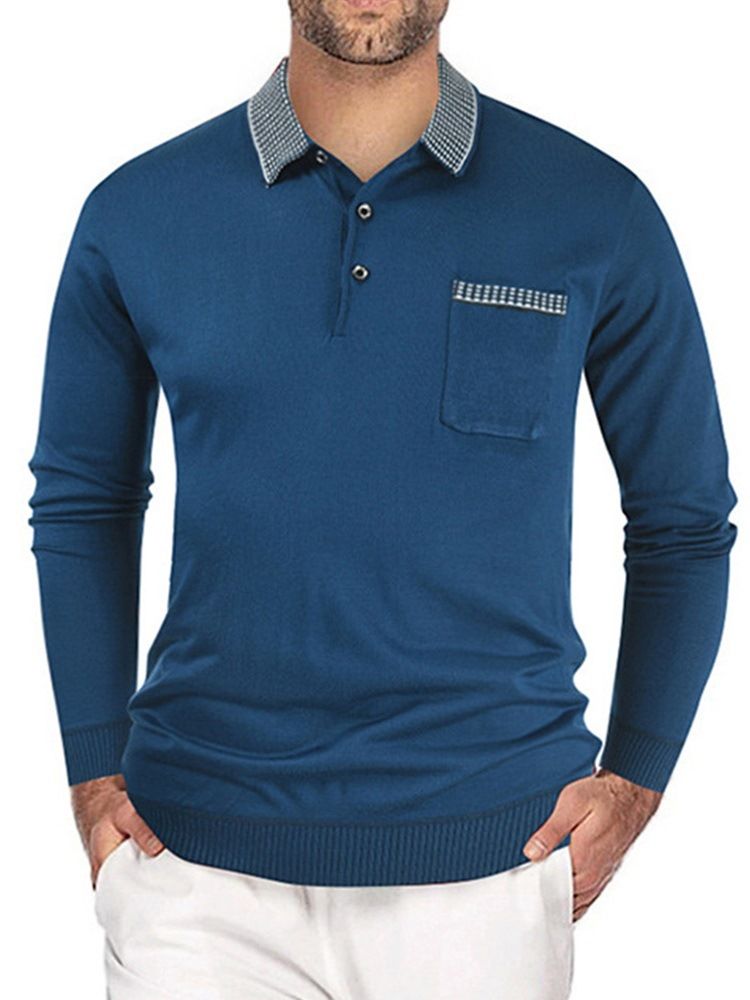 Polo Neck Color Block Button Langermet Pullover T-Skjorte