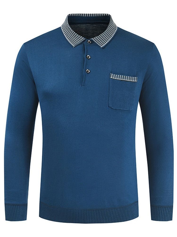 Polo Neck Color Block Button Langermet Pullover T-Skjorte