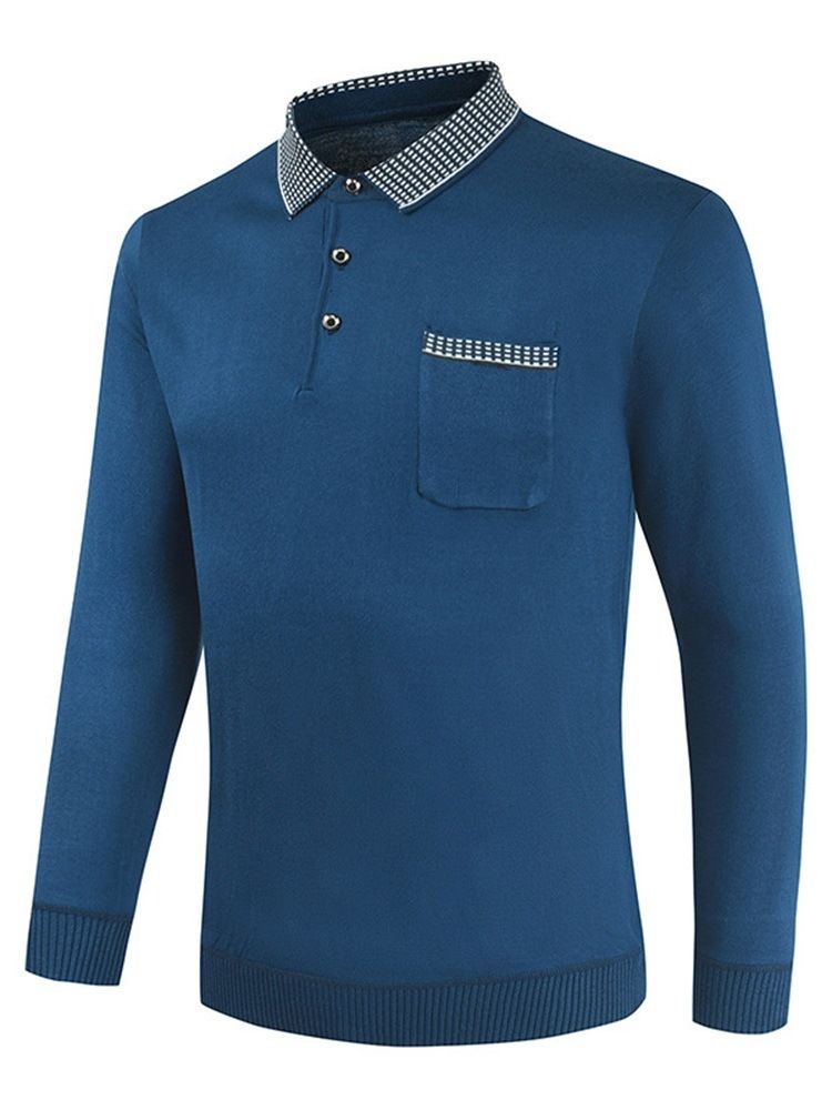 Polo Neck Color Block Button Langermet Pullover T-Skjorte