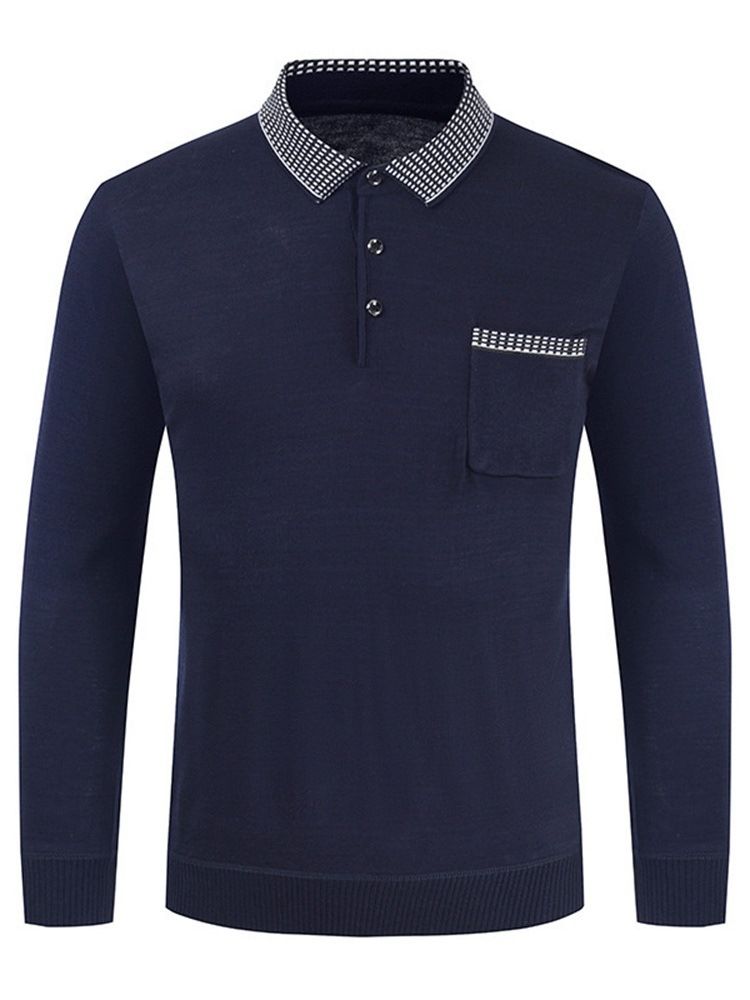 Polo Neck Color Block Button Langermet Pullover T-Skjorte