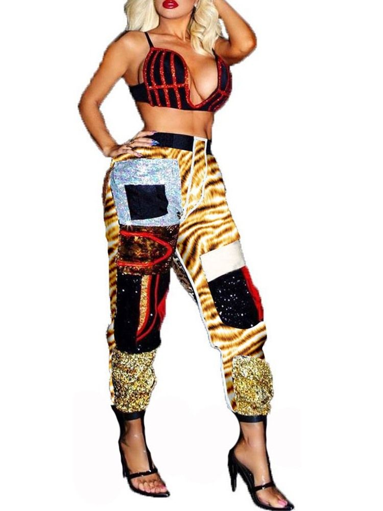 Print Slim Color Block Haremsbukse I Full Lengde Damebukser