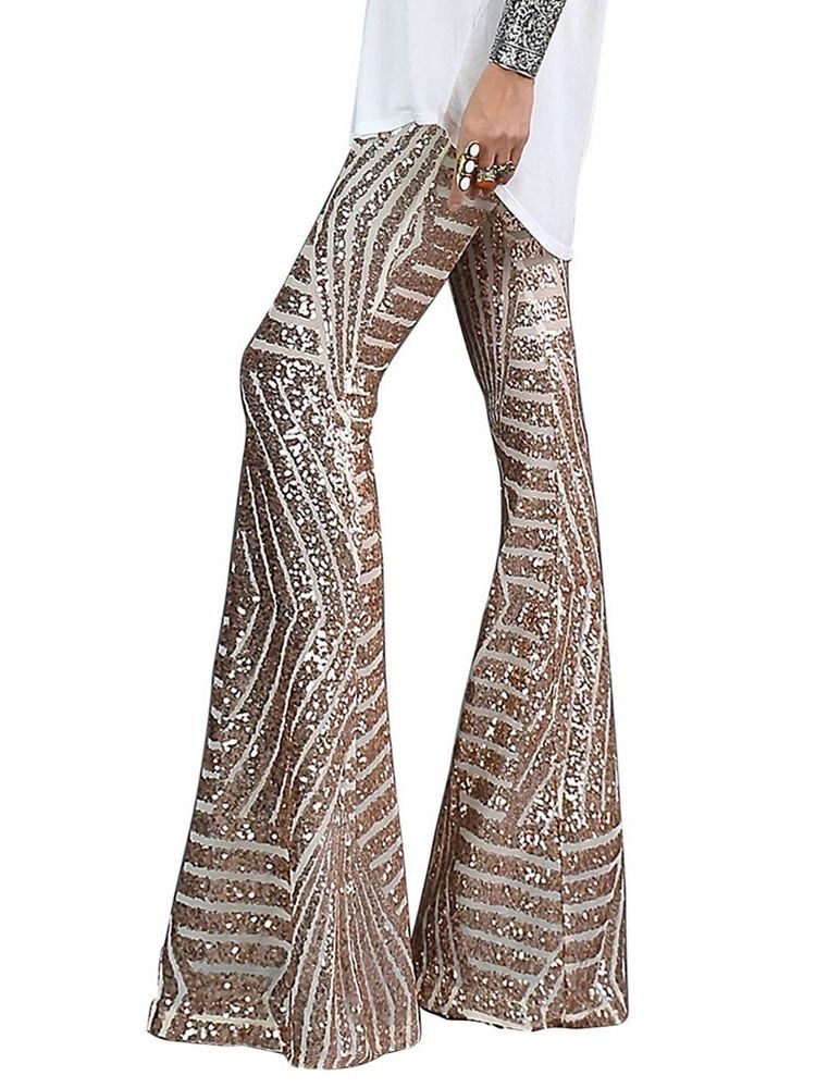 Slanke Paljetter Bellbottoms Uformelle Bukser I Full Lengde