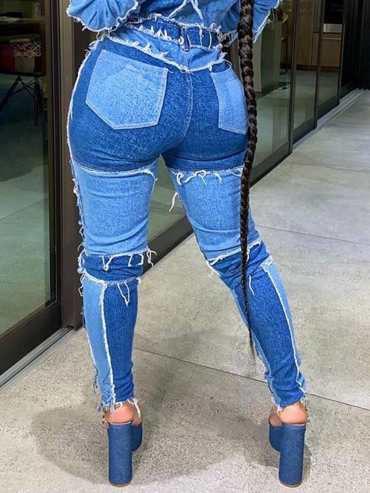Patchwork Color Block Pencil Bukser Skinny Zipper Jeans