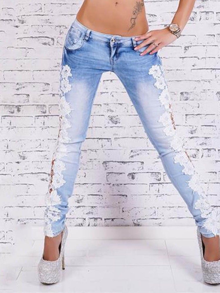 Pencil Bukser Patchwork Slim Zipper Jeans For Kvinner