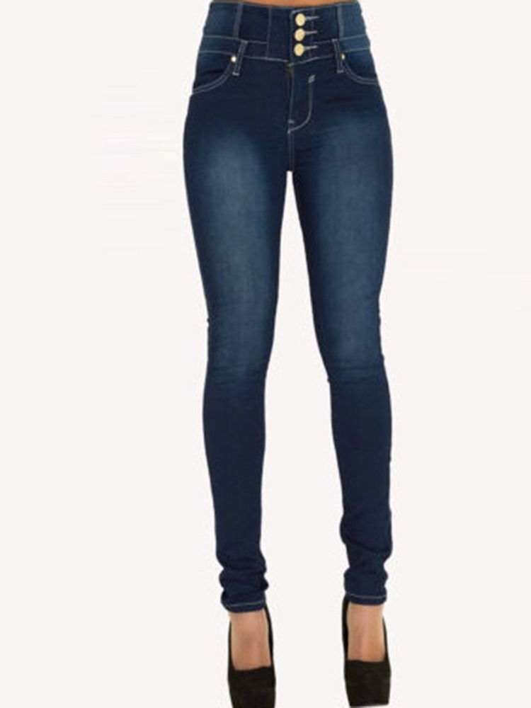 Skinny Damejeans Med Enkel Lomme Med Høy Midje Knapp