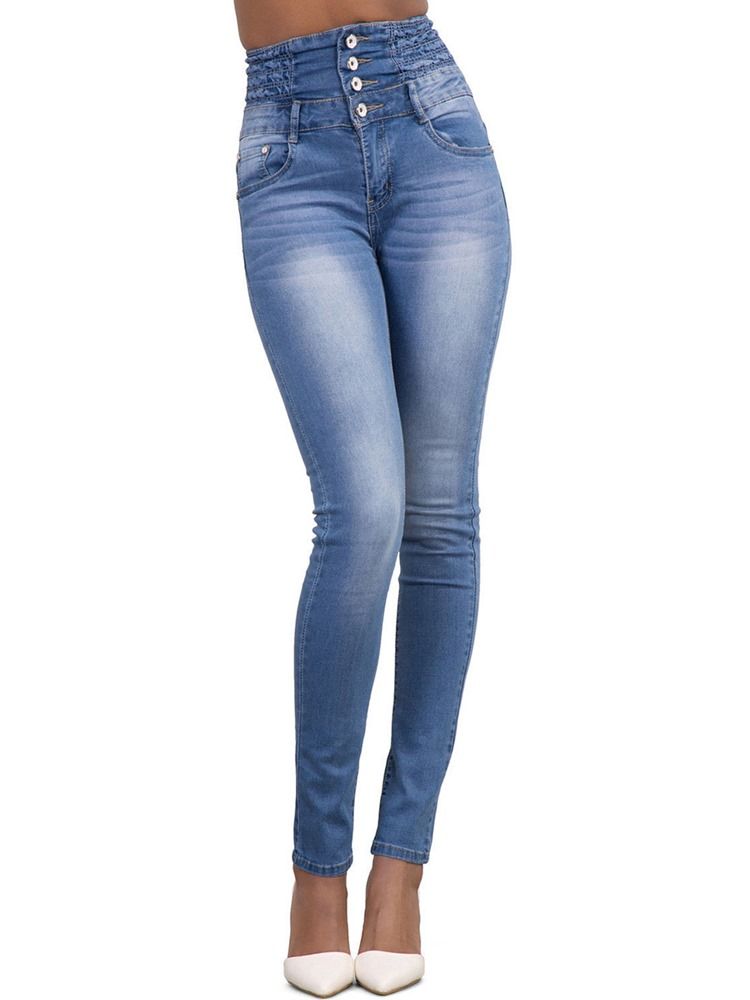 Skinny Damejeans Med Enkel Lomme Med Høy Midje Knapp