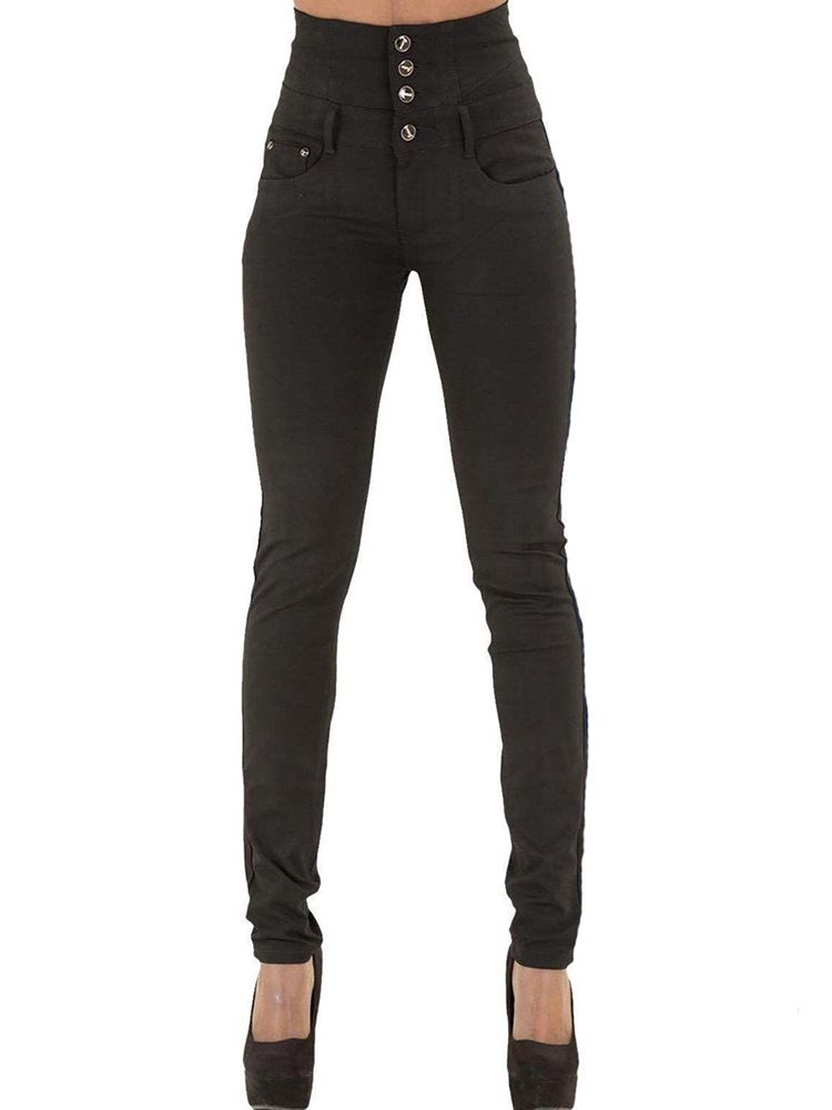 Skinny Damejeans Med Enkel Lomme Med Høy Midje Knapp