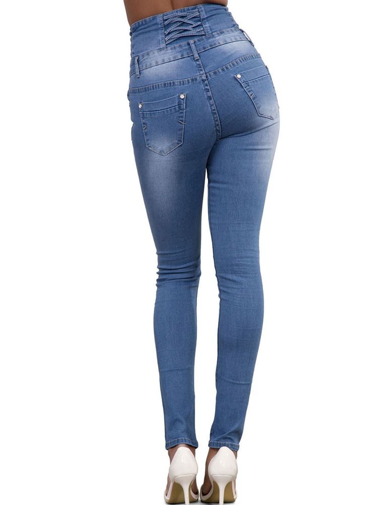 Skinny Damejeans Med Enkel Lomme Med Høy Midje Knapp