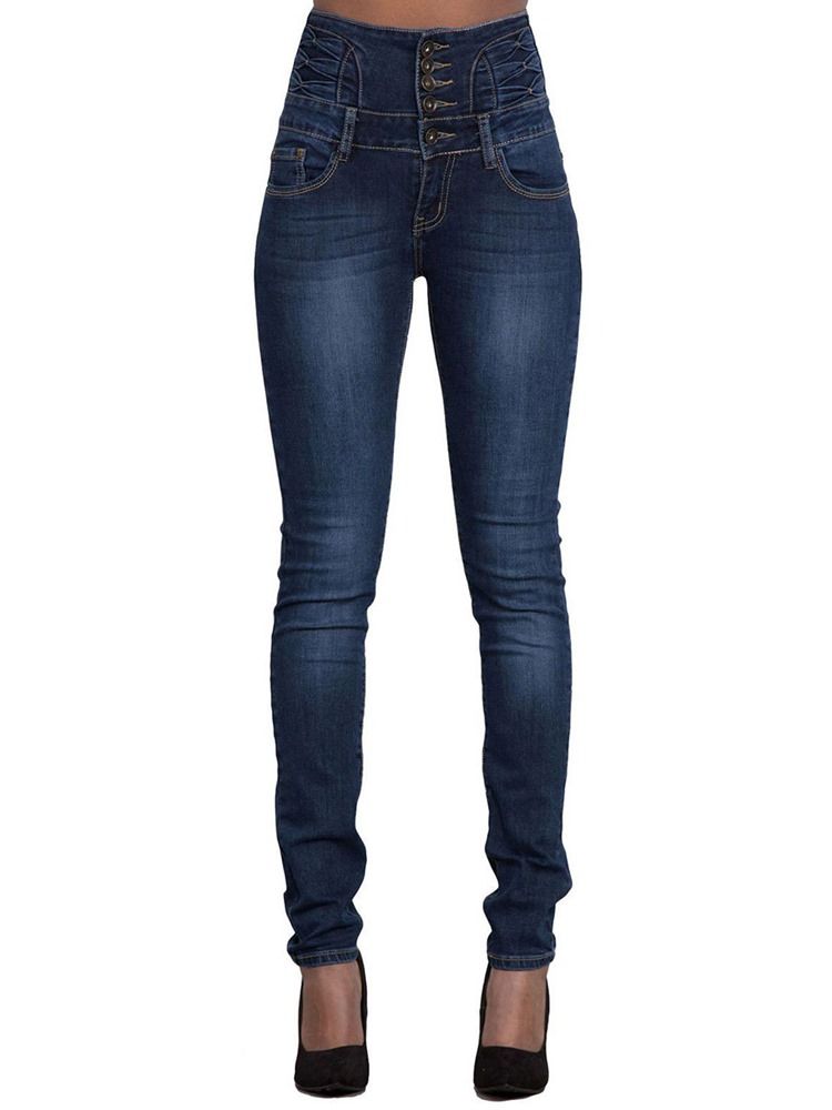 Skinny Damejeans Med Enkel Lomme Med Høy Midje Knapp