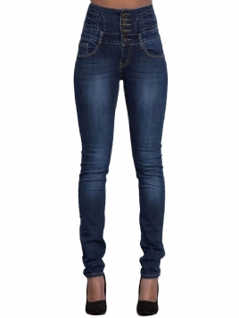 Skinny Damejeans Med Enkel Lomme Med Høy Midje Knapp