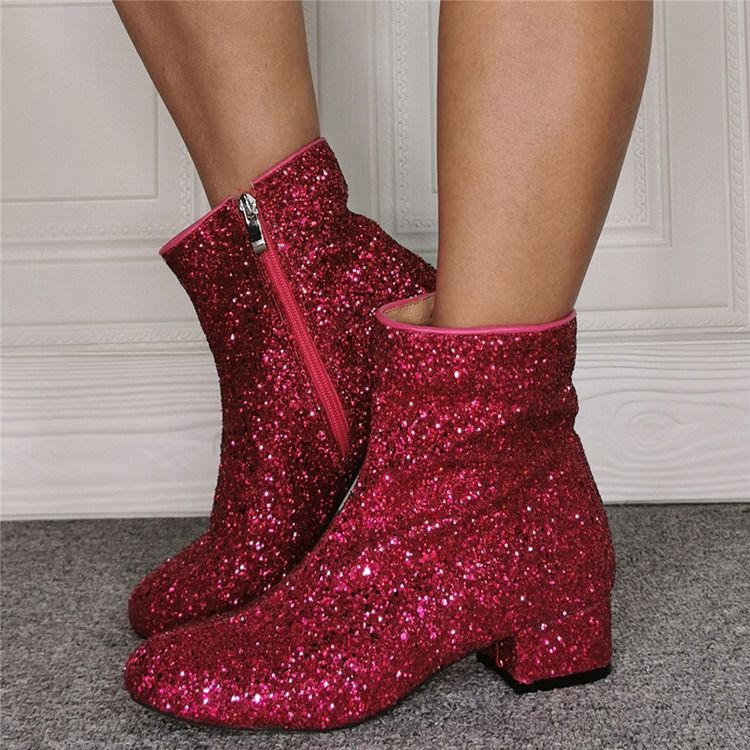Paljetter Chunky Heel Side Glidelås Rund Toe Western støvler