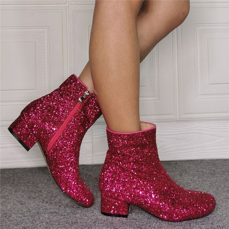 Paljetter Chunky Heel Side Glidelås Rund Toe Western støvler