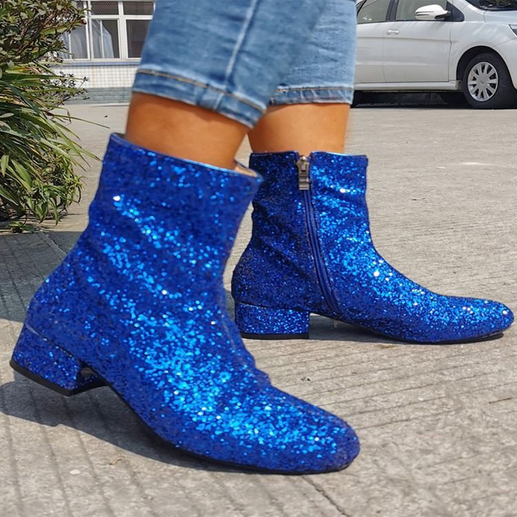 Paljetter Chunky Heel Side Glidelås Rund Toe Western støvler