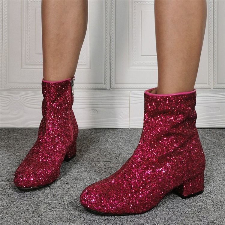 Paljetter Chunky Heel Side Glidelås Rund Toe Western støvler