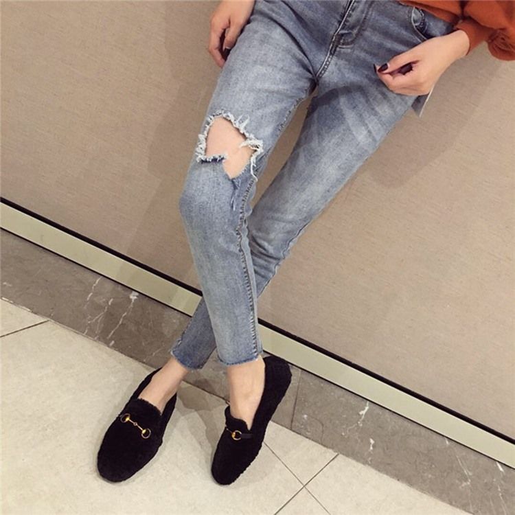 Faux Fur Block Hæl Rund Toe Slip-On Kvinners Flate sko