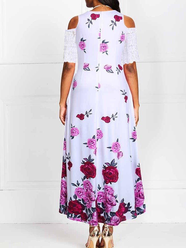 Cold Shoulder Ankel-Lang Half Sleeve Patchwork Floral Expansion Dress