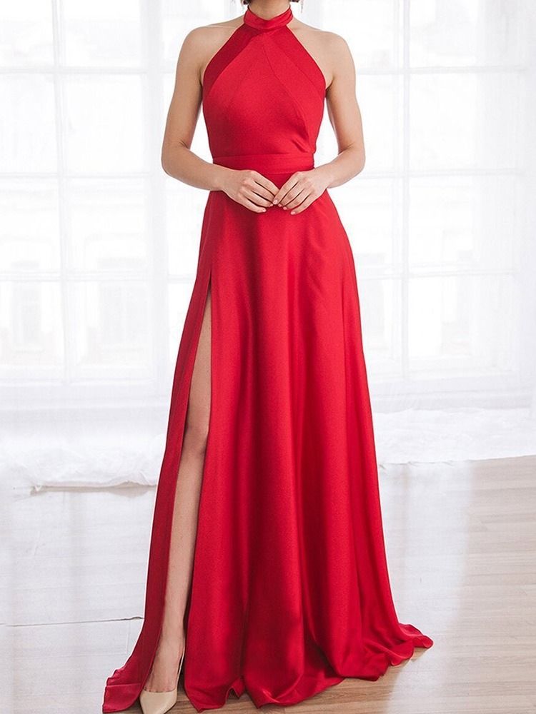 Ermeløs Stativ Krage Split Plain A-Line Maxi Dress