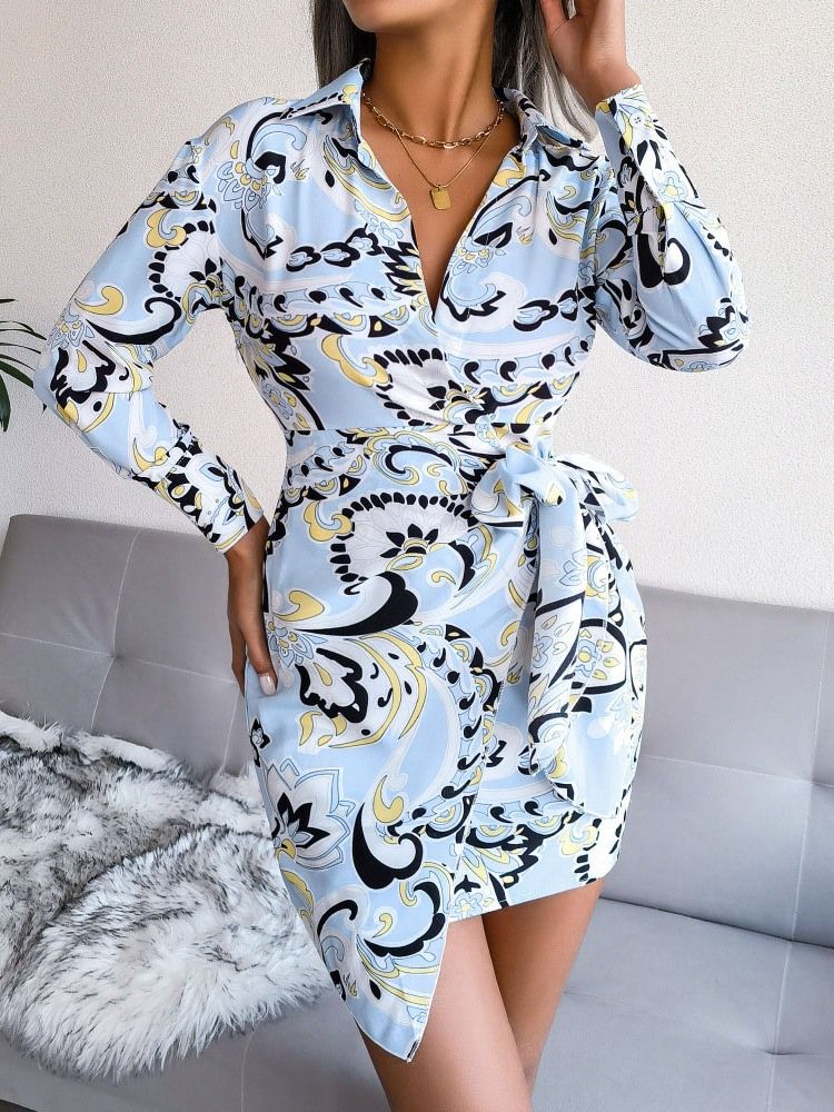 Lapel Above Knee Print Pullover A-Line Casual Dress