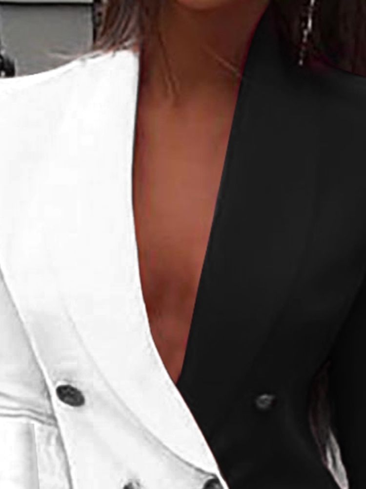 Lapel Button Langermet A-Line Color Block Kjole