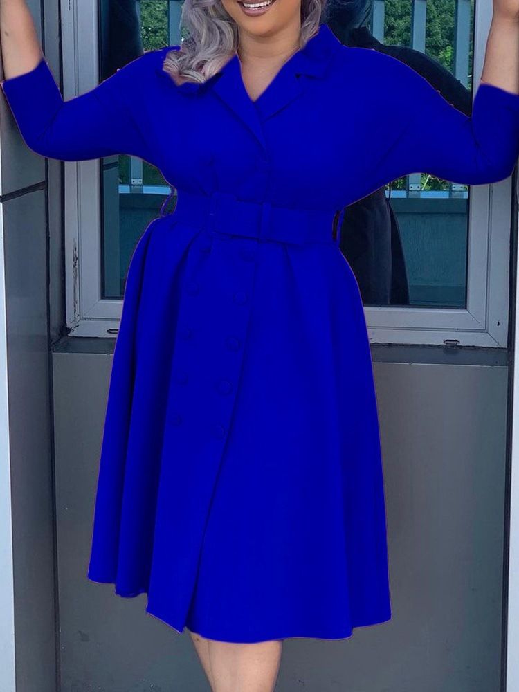 Mid-Calf Lapel Tre-Kvarts Erme Office Lady A-Line Kjole