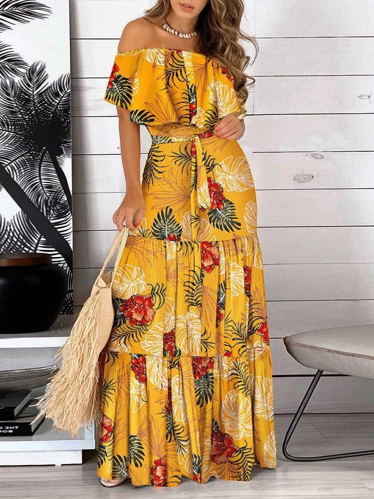 Print Off Shoulder Gulvlengde Plant Mid Waist Bodycon Kjole Maxi Dress