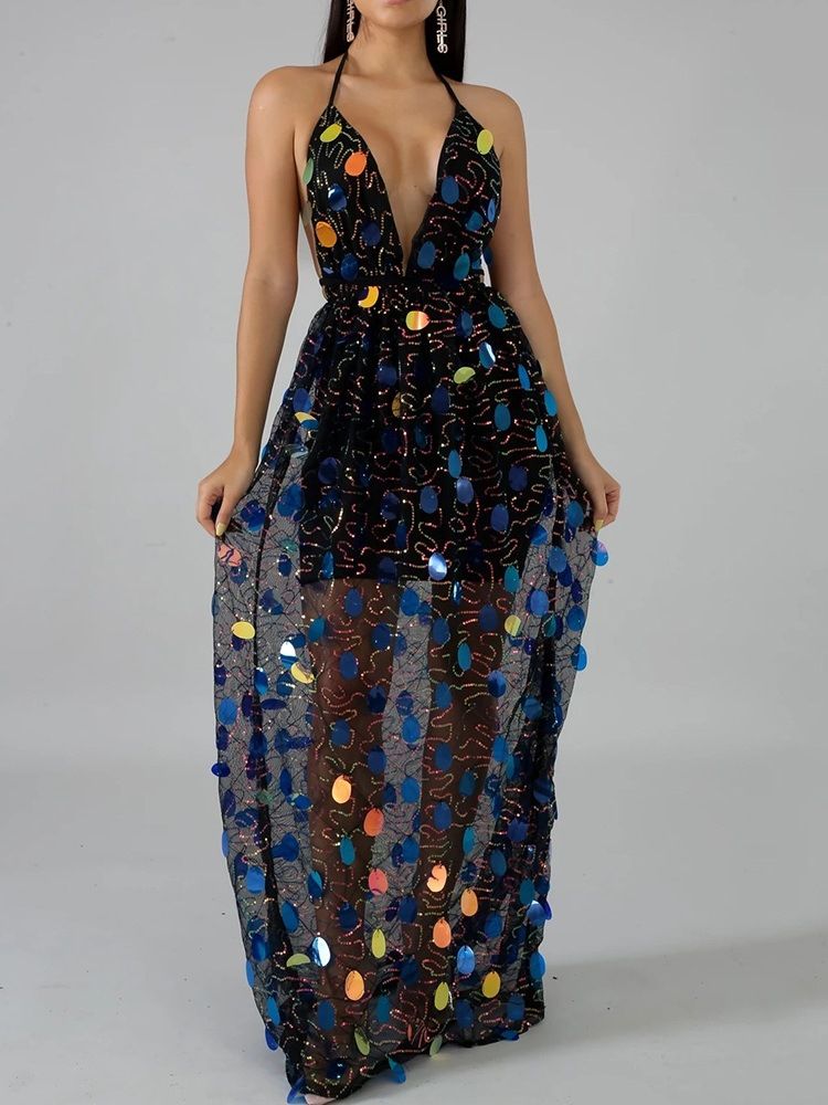 Ryggløs Ermeløs V-Hals Mid Waist Halter Dress