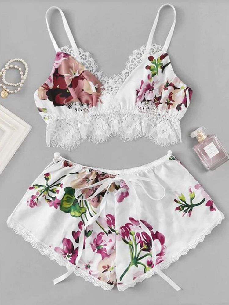 Floral Sexy Print Satin Pyjamas Cami Set Natttøy