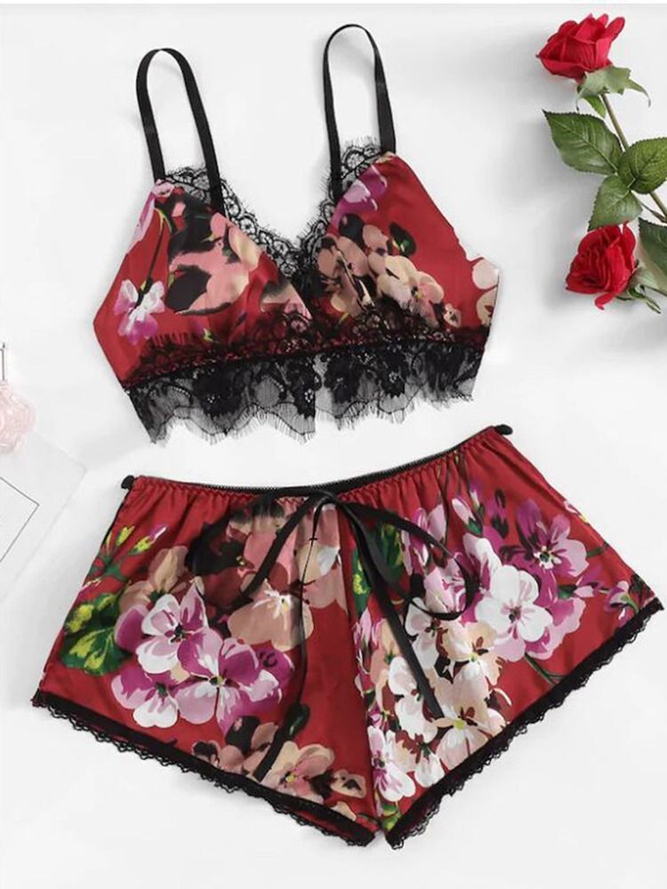 Floral Sexy Print Satin Pyjamas Cami Set Natttøy