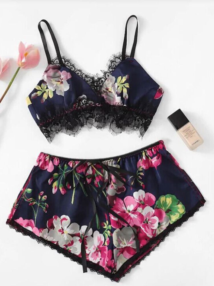 Floral Sexy Print Satin Pyjamas Cami Set Natttøy
