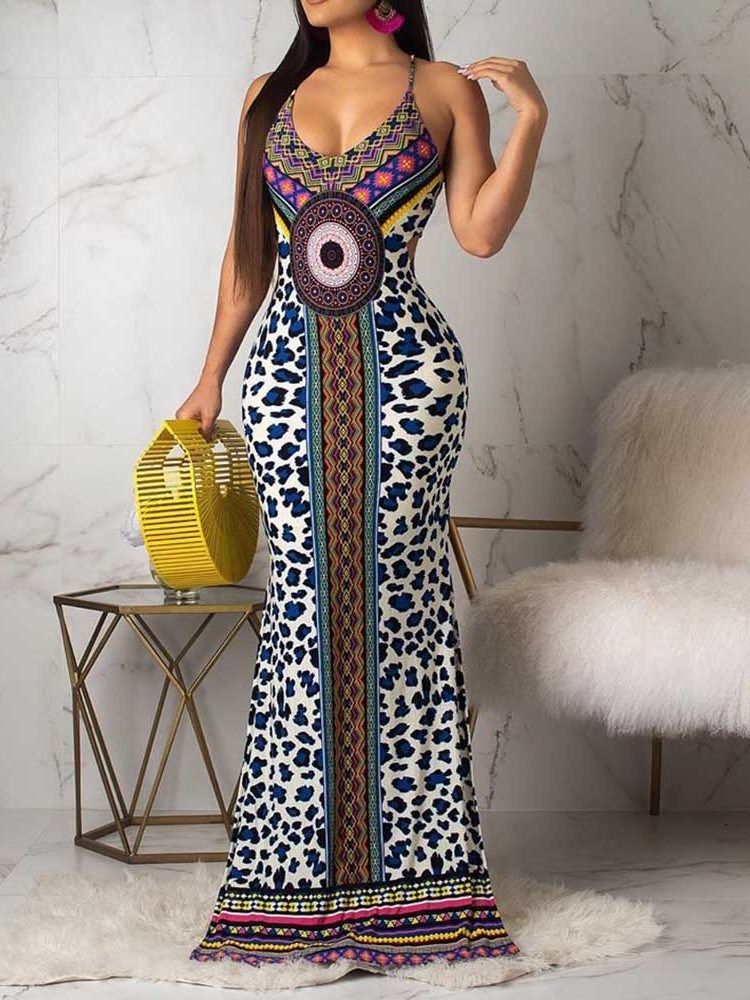 Afrikansk Mote Gulvlang Ermeløs Bodycon Geometrisk Kjole