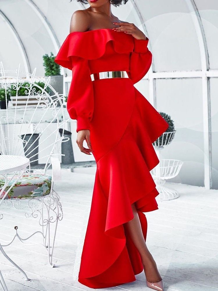 Asymmetrisk Off Shoulder Langermet Mote Bodycon Kjole Wedding Guest Dress