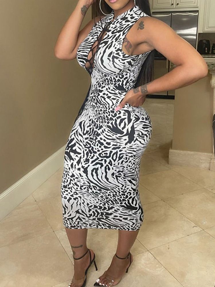 Hul Stativ Krage Ermeløs Sexy Zebra-Striper Bodycon Kjole