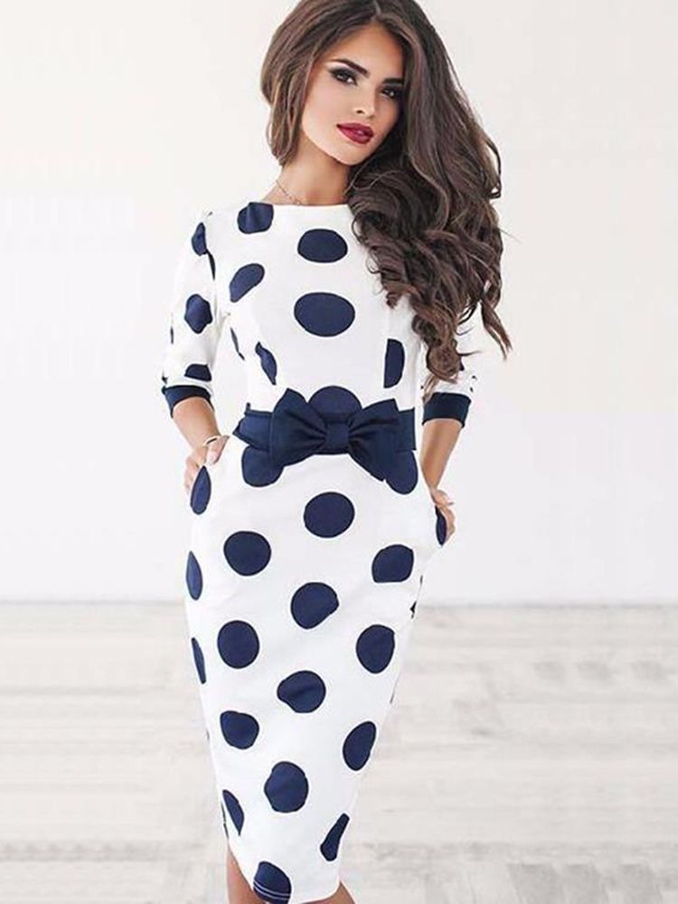 Knelang Sløyfe Polka Dot Bodycon Dress