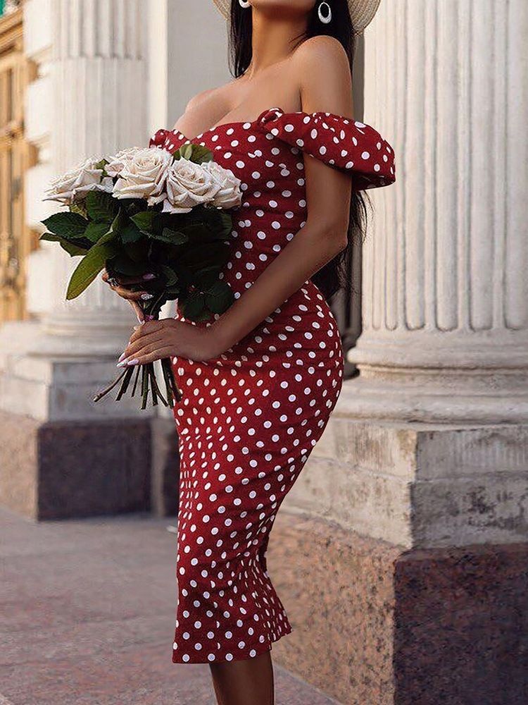Kortermet Patchwork Mid-Calf Sexy Polka Dots Bodycon-Kjoler