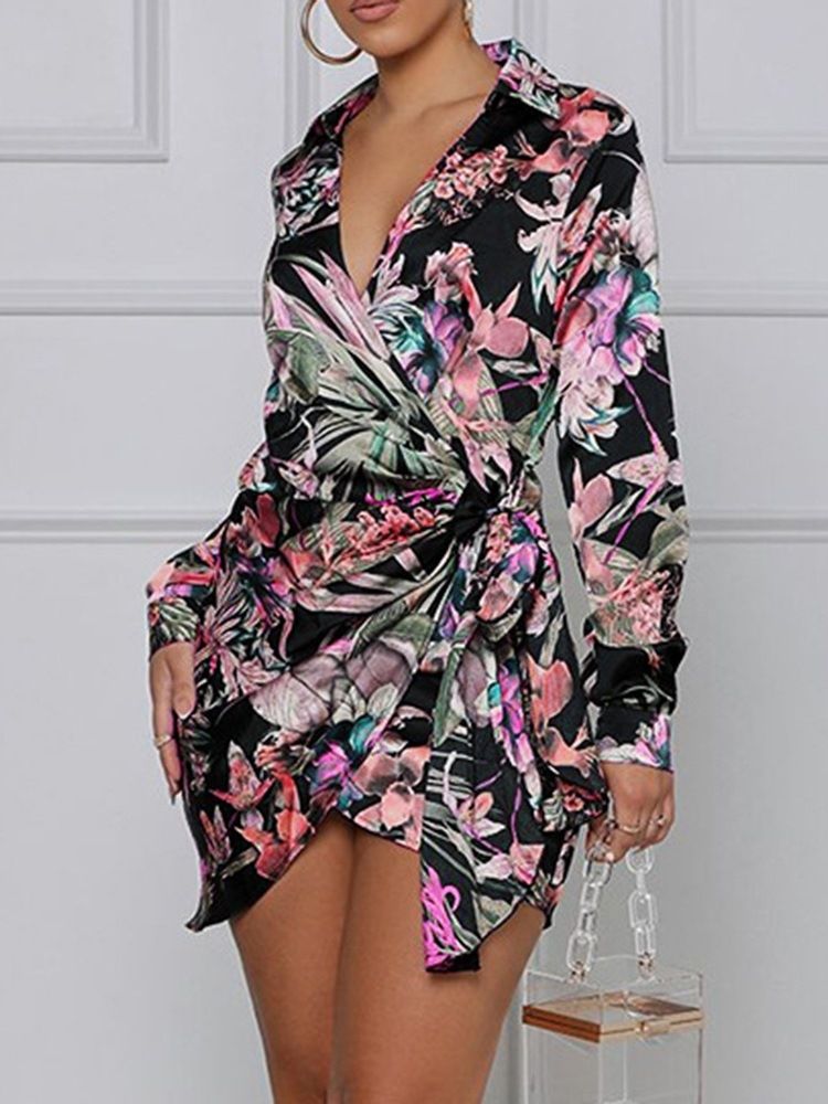 Lapel Langermet Print Blomster Asymmetrisk Kjole