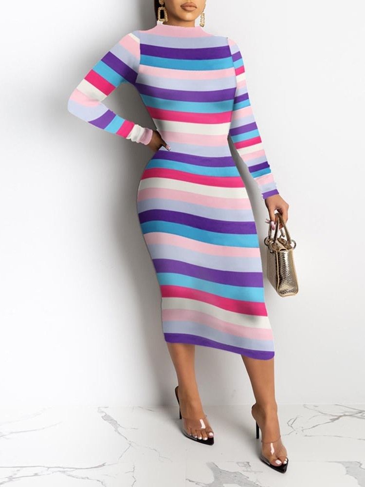 Mid-Calf Langermet Print Mid Waist Pullover Dress