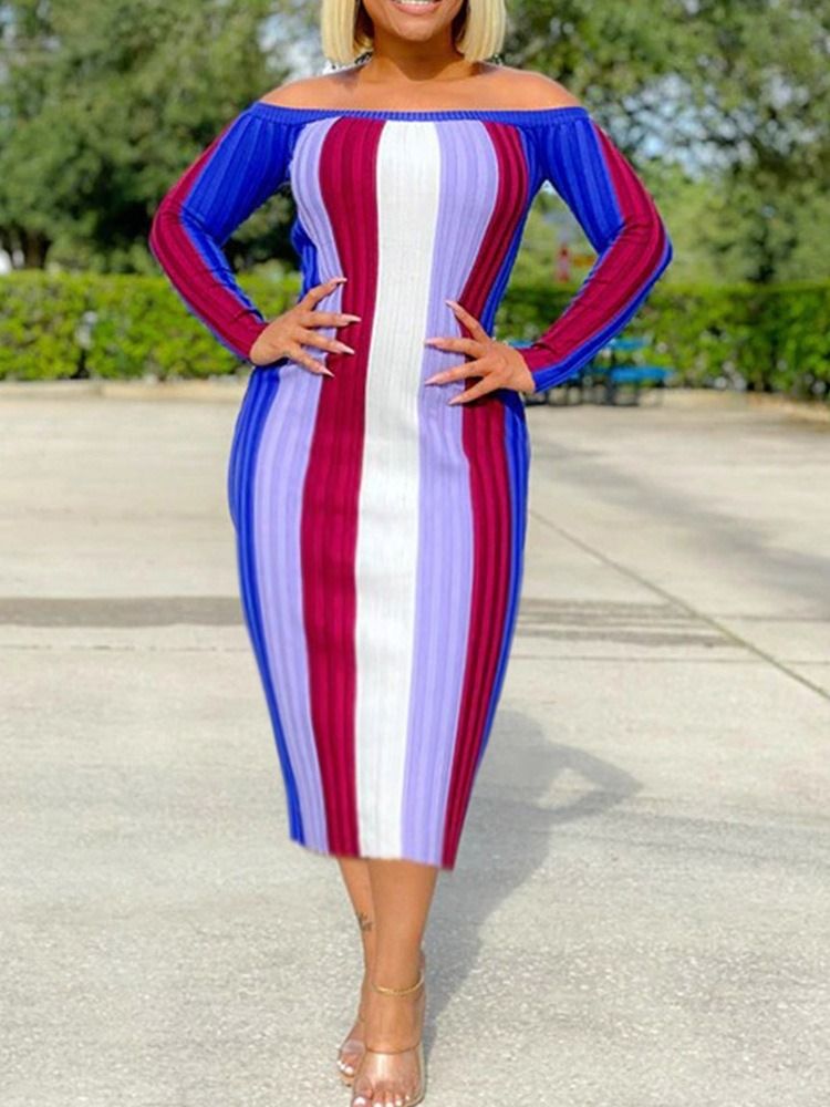 Mid-Calf Off Shoulder Langermet Stripe Bodycon Dress