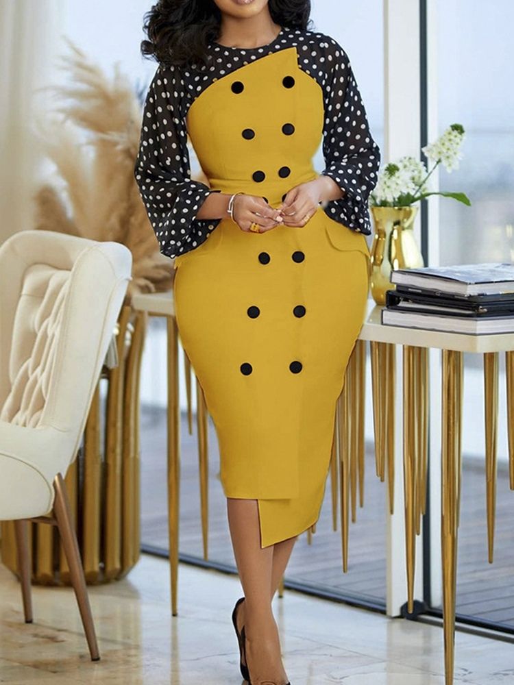 Ni-Punkts Erme Patchwork Mid-Calf Asymmetrisk Polka Dots-Kjole
