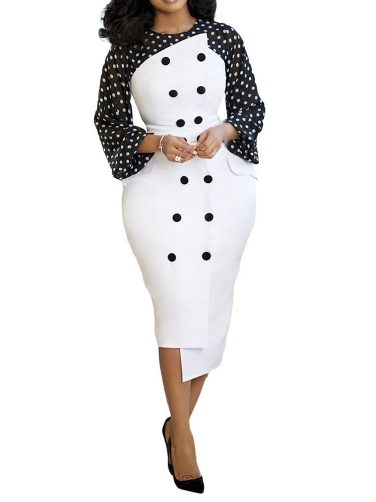 Ni-Punkts Erme Patchwork Mid-Calf Asymmetrisk Polka Dots-Kjole