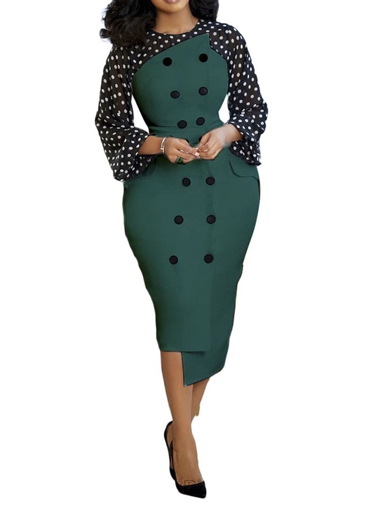 Ni-Punkts Erme Patchwork Mid-Calf Asymmetrisk Polka Dots-Kjole