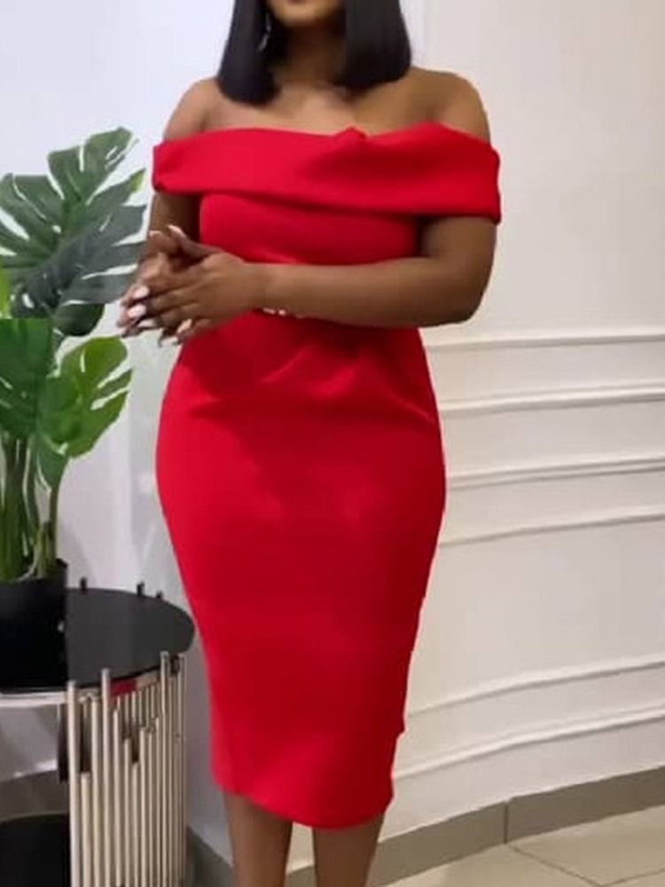 Off Shoulder Kortermet Mid-Calf Plain Bodycon Dress
