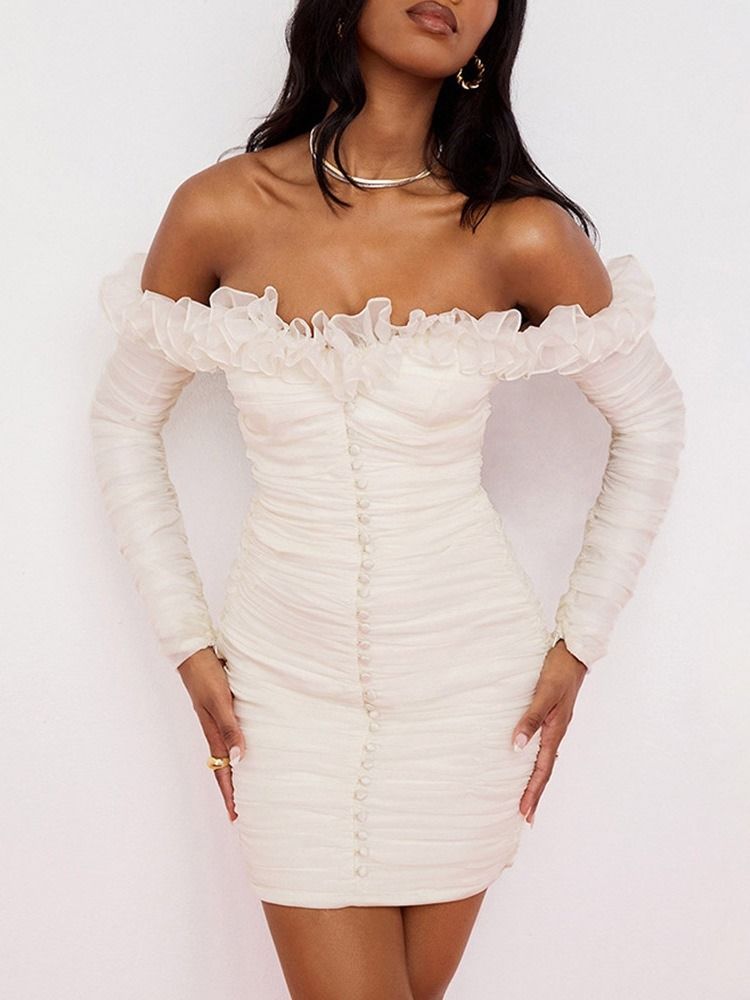Off Shoulder Langermet Above Knee High Waist White Bodycon Dress