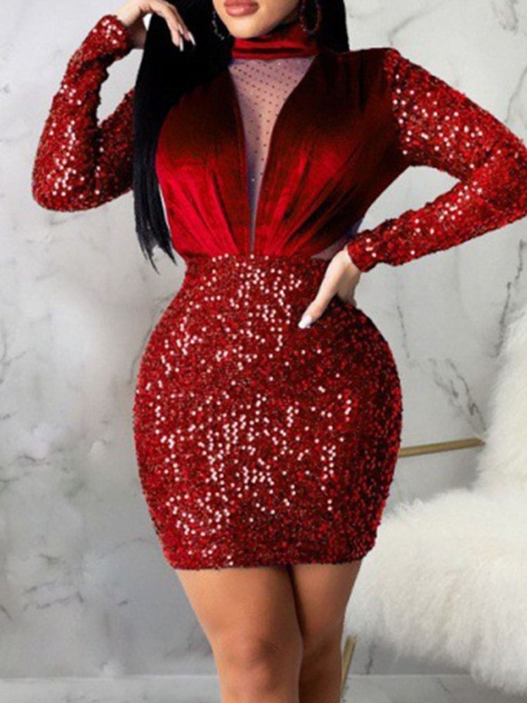 Paljetter Langermet Turtleneck Vanlig Bodycon-Kjole