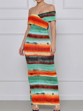 Patchwork Off Shoulder Gulvlang Bodycon Vanlig Bodycon-Kjole