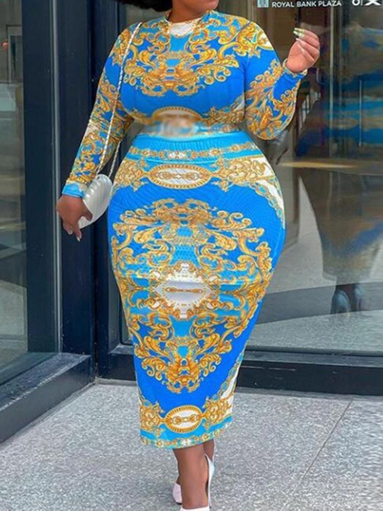 Plus Size Patchwork Ankellang Stativ Krage Bodycon Sommerkjole