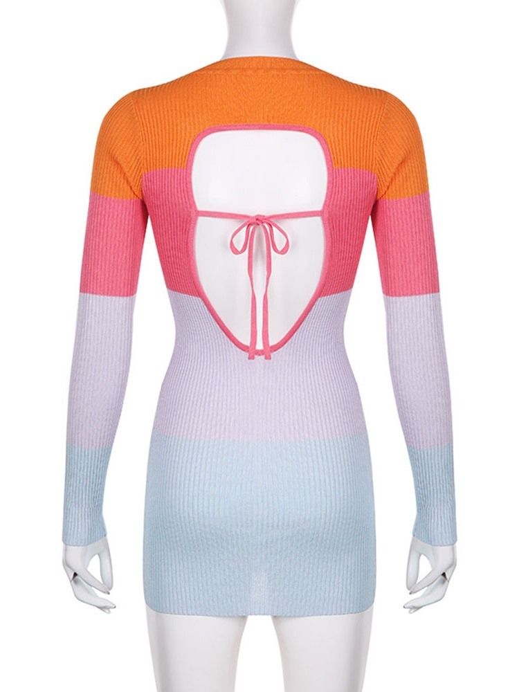 Rund Hals Patchwork Langermet Regular Color Block Bodycon Dress