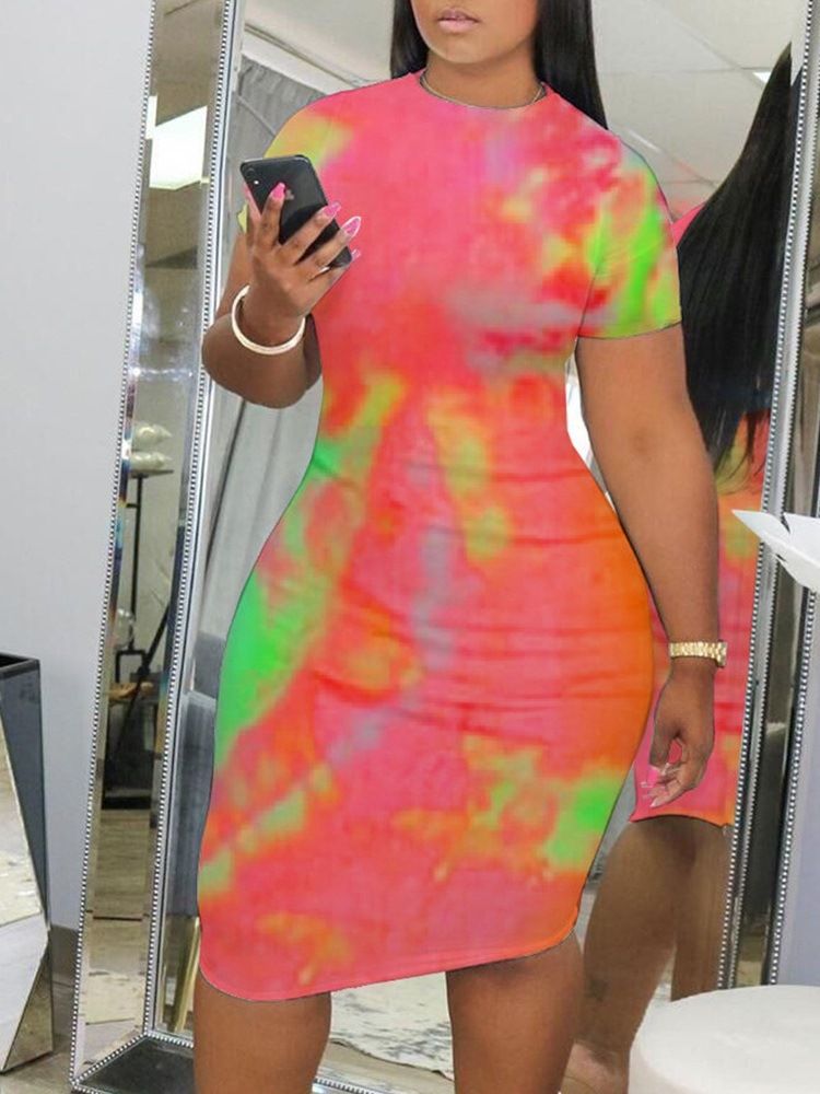 Tie-Dye Kne-Lang Kortermet Mid Waist Bodycon Dress