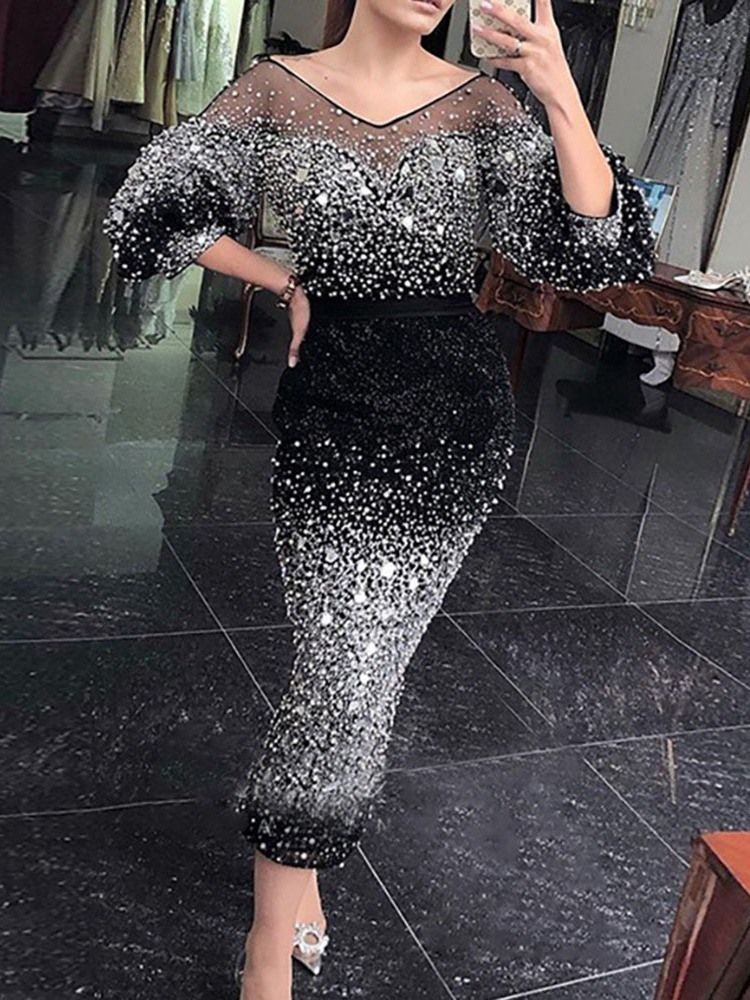 Trekvartsermet V-Hals Gjennomsiktig Bodycon Western Bodycon-Kjole