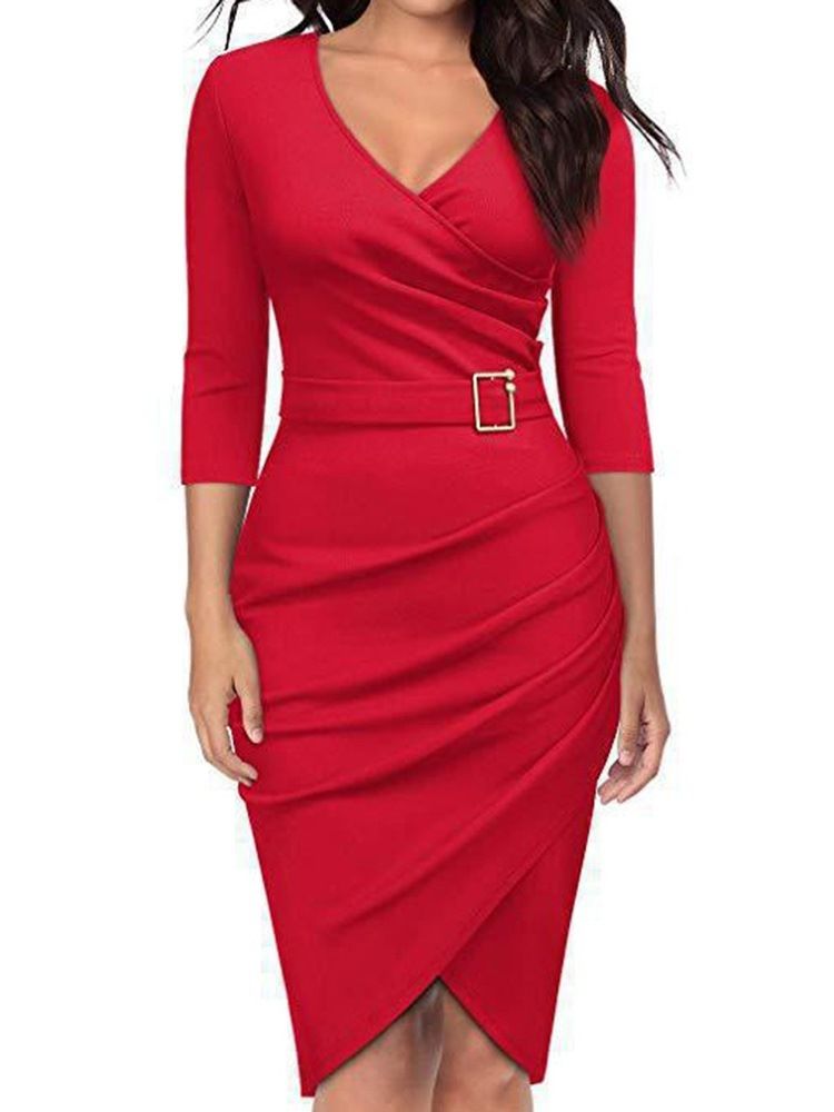 V-Hals Kne-Lengde Trekvart Ermet Pullover Vanlig Bodycon-Kjole