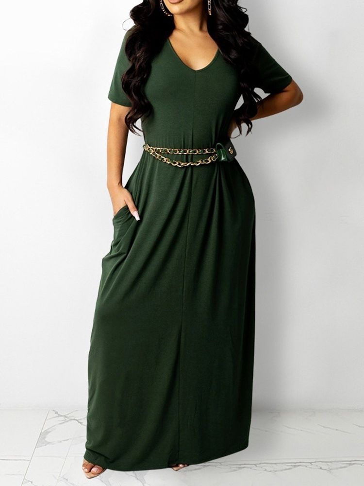 Kortermet V-Hals Gulv-Lengde Fall Plain Dress